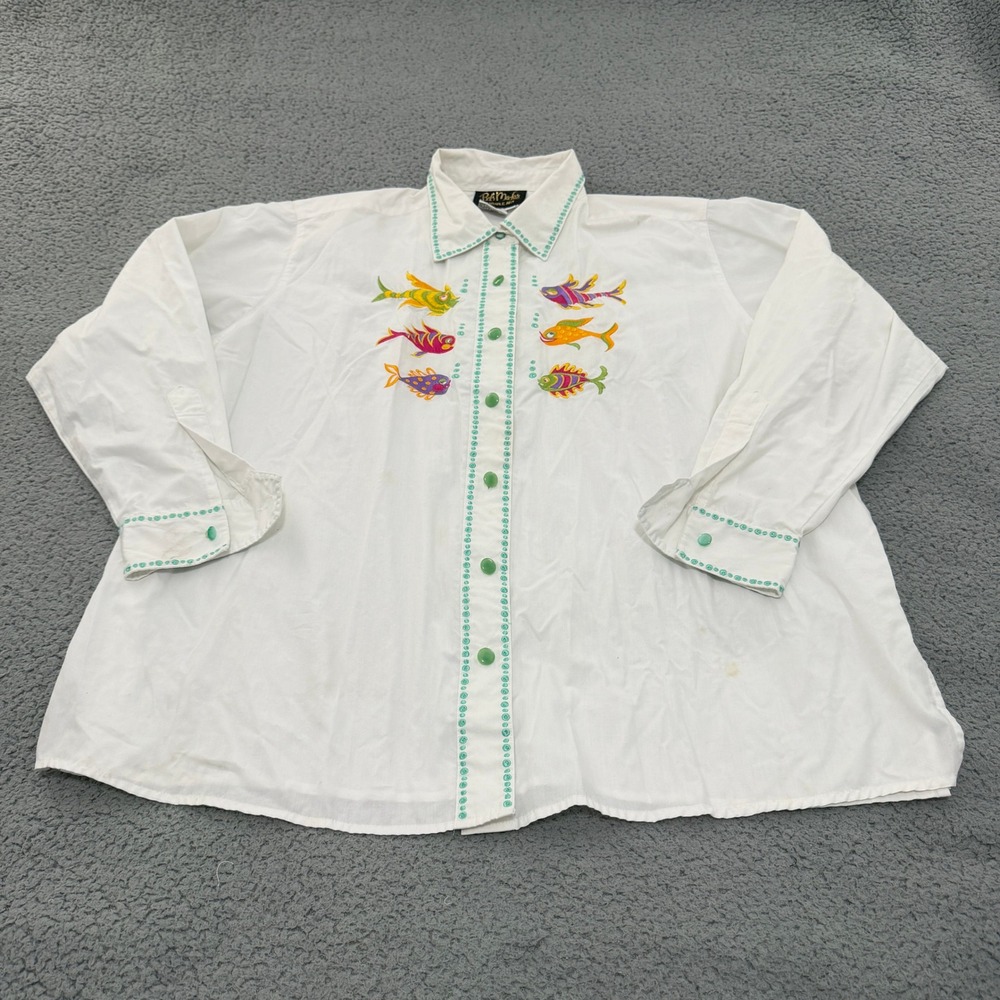 Bob Mackie Wearable Art Womens 1X White Embroidered Tropical Fish Button Shirt